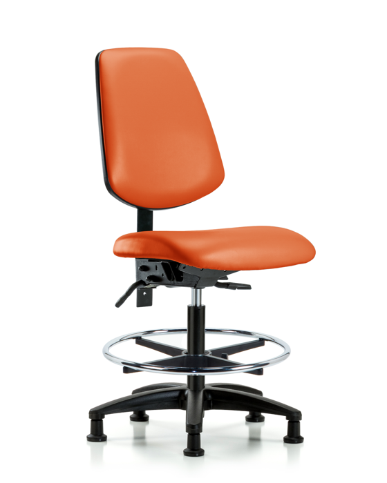 Blue Ridge Ergonomics VMBCH-MB-RG-T0-A0-CF-RG-8613 Rutledge Vinyl Chair - Medium Bench Height with Medium Back, Chrome Foot Ring, & Stationary Glides in Orange Kist Trailblazer™ Vinyl