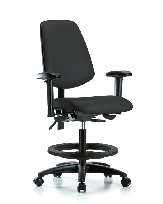 Blue Ridge Ergonomics VMBCH-MB-RG-T0-A1-BF-RC-8540 Rutledge Vinyl Chair - Medium Bench Height with Medium Back, Adjustable Arms, Black Foot Ring, & Casters in Black Trailblazer™ Vinyl