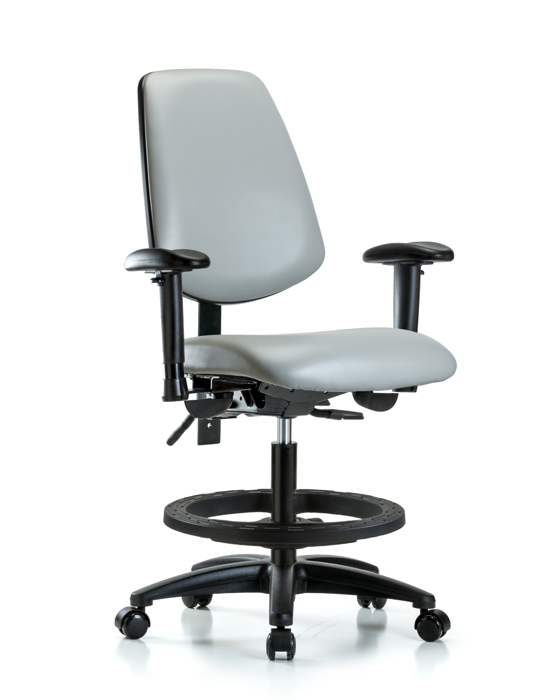 Blue Ridge Ergonomics VMBCH-MB-RG-T0-A1-BF-RC-8567 Rutledge Vinyl Chair - Medium Bench Height with Medium Back, Adjustable Arms, Black Foot Ring, & Casters in Dove Trailblazer™ Vinyl