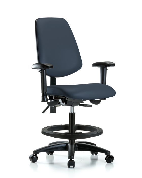Blue Ridge Ergonomics VMBCH-MB-RG-T0-A1-BF-RC-8582 Rutledge Vinyl Chair - Medium Bench Height with Medium Back, Adjustable Arms, Black Foot Ring, & Casters in Imperial Blue Trailblazer™ Vinyl