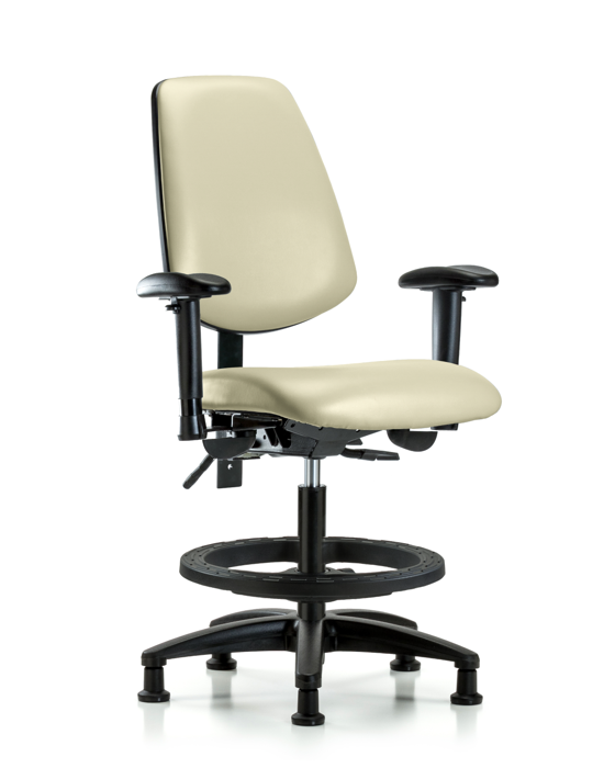 Blue Ridge Ergonomics VMBCH-MB-RG-T0-A1-BF-RG-8501 Rutledge Vinyl Chair - Medium Bench Height with Medium Back, Adjustable Arms, Black Foot Ring, & Stationary Glides in Adobe White Trailblazer™ Vinyl