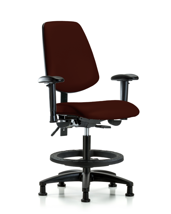 Blue Ridge Ergonomics VMBCH-MB-RG-T0-A1-BF-RG-8569 Rutledge Vinyl Chair - Medium Bench Height with Medium Back, Adjustable Arms, Black Foot Ring, & Stationary Glides in Burgundy Trailblazer™ Vinyl