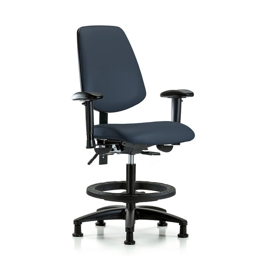 Blue Ridge Ergonomics VMBCH-MB-RG-T0-A1-BF-RG-8582 Rutledge Vinyl Chair - Medium Bench Height with Medium Back, Adjustable Arms, Black Foot Ring, & Stationary Glides in Imperial Blue Trailblazer™ Vinyl