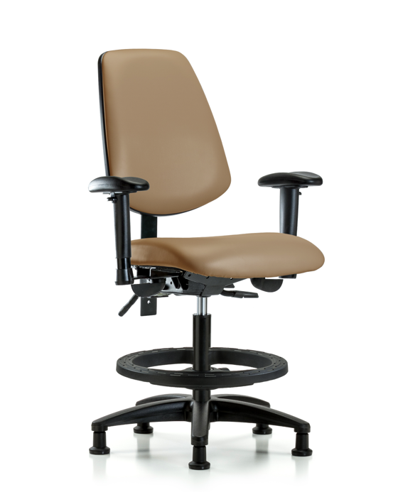 Blue Ridge Ergonomics VMBCH-MB-RG-T0-A1-BF-RG-8584 Rutledge Vinyl Chair - Medium Bench Height with Medium Back, Adjustable Arms, Black Foot Ring, & Stationary Glides in Taupe Trailblazer™ Vinyl