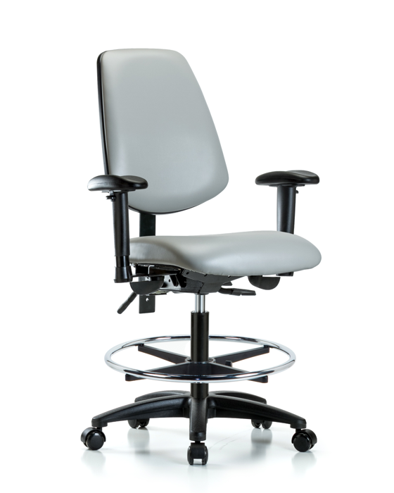 Blue Ridge Ergonomics VMBCH-MB-RG-T0-A1-CF-RC-8567 Rutledge Vinyl Chair - Medium Bench Height with Medium Back, Adjustable Arms, Chrome Foot Ring, & Casters in Dove Trailblazer™ Vinyl