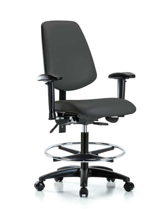 Blue Ridge Ergonomics VMBCH-MB-RG-T0-A1-CF-RC-8605 Rutledge Vinyl Chair - Medium Bench Height with Medium Back, Adjustable Arms, Chrome Foot Ring, & Casters in Charcoal Trailblazer™ Vinyl