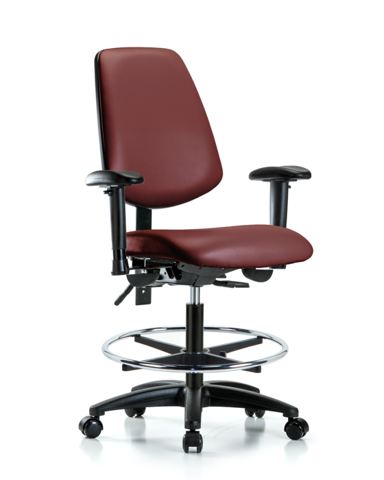 Blue Ridge Ergonomics VMBCH-MB-RG-T0-A1-CF-RC-8815 Rutledge Vinyl Chair - Medium Bench Height with Medium Back, Adjustable Arms, Chrome Foot Ring, & Casters in Borscht Supernova™ Vinyl