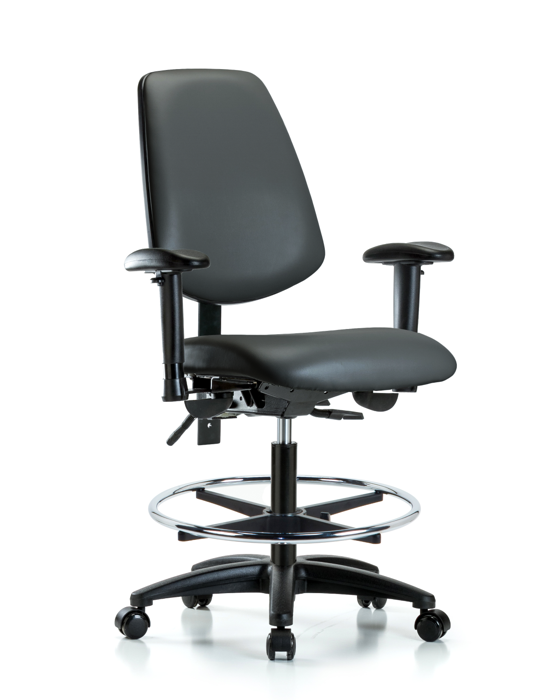 Blue Ridge Ergonomics VMBCH-MB-RG-T0-A1-CF-RC-8823 Rutledge Vinyl Chair - Medium Bench Height with Medium Back, Adjustable Arms, Chrome Foot Ring, & Casters in Carbon Supernova™ Vinyl