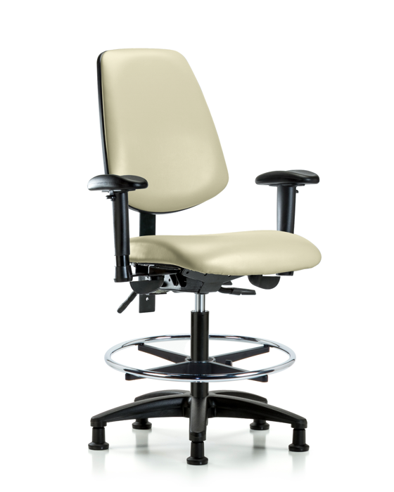 Blue Ridge Ergonomics VMBCH-MB-RG-T0-A1-CF-RG-8501 Rutledge Vinyl Chair - Medium Bench Height with Medium Back, Adjustable Arms, Chrome Foot Ring, & Stationary Glides in Adobe White Trailblazer™ Vinyl