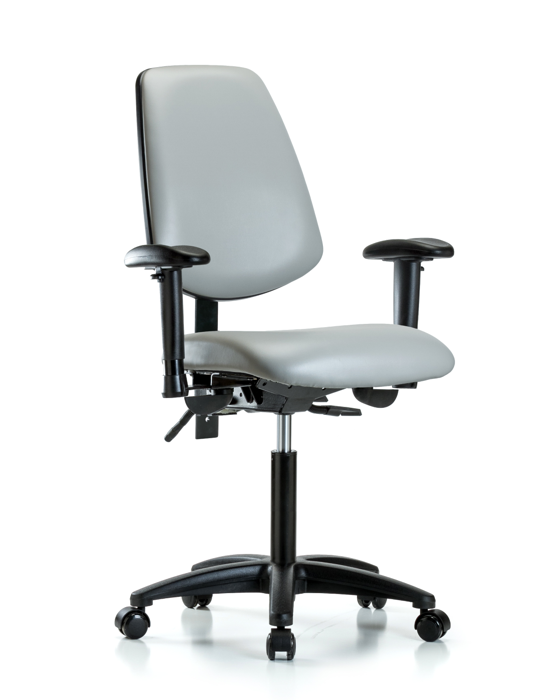 Blue Ridge Ergonomics VMBCH-MB-RG-T0-A1-NF-RC-8567 Rutledge Vinyl Chair - Medium Bench Height with Medium Back, Adjustable Arms, & Casters in Dove Trailblazer™ Vinyl