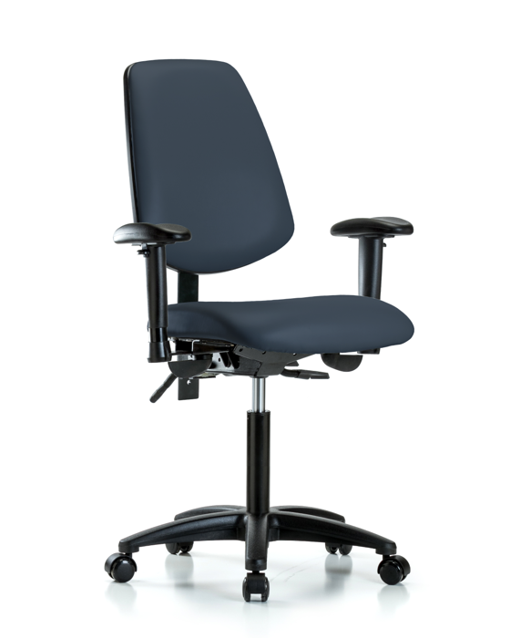 Blue Ridge Ergonomics VMBCH-MB-RG-T0-A1-NF-RC-8582 Rutledge Vinyl Chair - Medium Bench Height with Medium Back, Adjustable Arms, & Casters in Imperial Blue Trailblazer™ Vinyl