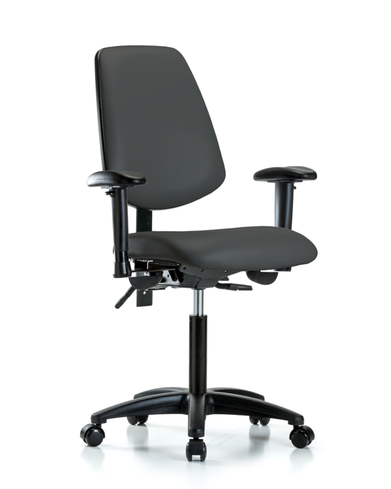Blue Ridge Ergonomics VMBCH-MB-RG-T0-A1-NF-RC-8605 Rutledge Vinyl Chair - Medium Bench Height with Medium Back, Adjustable Arms, & Casters in Charcoal Trailblazer™ Vinyl