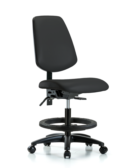 Blue Ridge Ergonomics VMBCH-MB-RG-T1-A0-BF-RC-8540 Rutledge Vinyl Chair - Medium Bench Height with Medium Back, Seat Tilt, Black Foot Ring, & Casters in Black Trailblazer™ Vinyl
