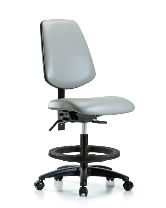 Blue Ridge Ergonomics VMBCH-MB-RG-T1-A0-BF-RC-8567 Rutledge Vinyl Chair - Medium Bench Height with Medium Back, Seat Tilt, Black Foot Ring, & Casters in Dove Trailblazer™ Vinyl