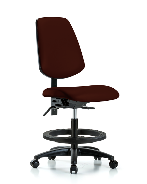 Blue Ridge Ergonomics VMBCH-MB-RG-T1-A0-BF-RC-8569 Rutledge Vinyl Chair - Medium Bench Height with Medium Back, Seat Tilt, Black Foot Ring, & Casters in Burgundy Trailblazer™ Vinyl