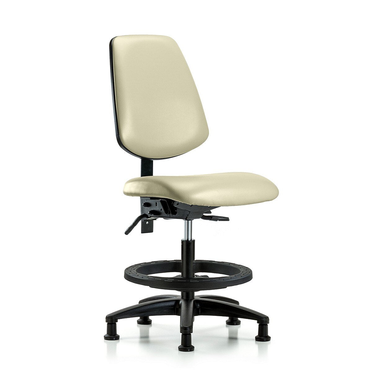 Blue Ridge Ergonomics VMBCH-RG-T0-A0-BF-RG-8501 Rutledge Vinyl Chair - Medium Bench Height with Black Foot Ring & Stationary Glides in Adobe White Trailblazer™ Vinyl