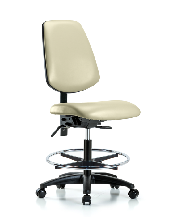 Blue Ridge Ergonomics VMBCH-MB-RG-T1-A0-CF-RC-8501 Rutledge Vinyl Chair - Medium Bench Height with Medium Back, Seat Tilt, Chrome Foot Ring, & Casters in Adobe White Trailblazer™ Vinyl