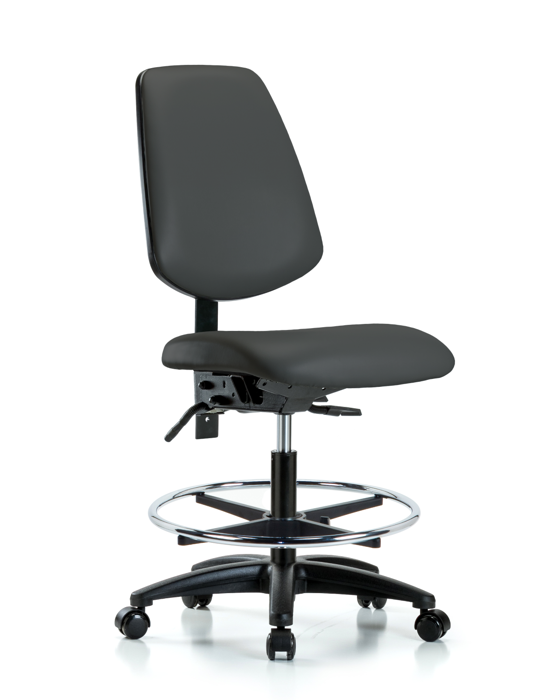 Blue Ridge Ergonomics VMBCH-MB-RG-T1-A0-CF-RC-8605 Rutledge Vinyl Chair - Medium Bench Height with Medium Back, Seat Tilt, Chrome Foot Ring, & Casters in Charcoal Trailblazer™ Vinyl