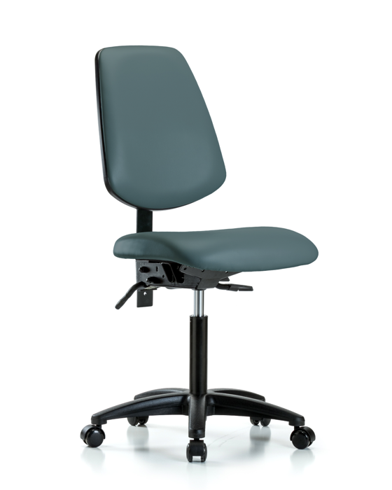 Blue Ridge Ergonomics VMBCH-MB-RG-T1-A0-NF-RC-8546 Rutledge Vinyl Chair - Medium Bench Height with Medium Back, Seat Tilt, & Casters in Colonial Blue Trailblazer™ Vinyl