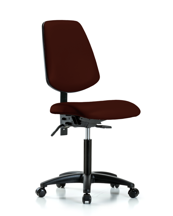Blue Ridge Ergonomics VMBCH-MB-RG-T1-A0-NF-RC-8569 Rutledge Vinyl Chair - Medium Bench Height with Medium Back, Seat Tilt, & Casters in Burgundy Trailblazer™ Vinyl