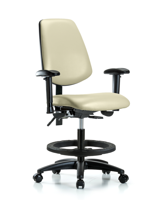 Blue Ridge Ergonomics VMBCH-MB-RG-T1-A1-BF-RC-8501 Rutledge Vinyl Chair - Medium Bench Height with Medium Back, Seat Tilt, Adjustable Arms, Black Foot Ring, & Casters in Adobe White Trailblazer™ Vinyl