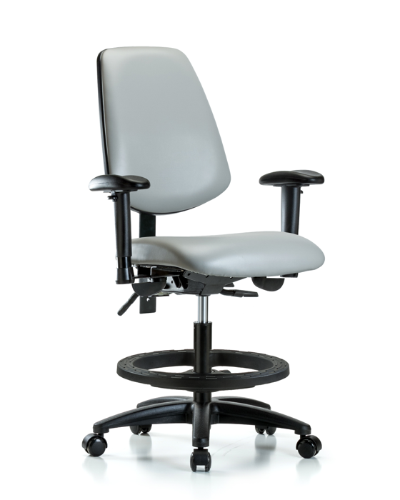 Blue Ridge Ergonomics VMBCH-MB-RG-T1-A1-BF-RC-8567 Rutledge Vinyl Chair - Medium Bench Height with Medium Back, Seat Tilt, Adjustable Arms, Black Foot Ring, & Casters in Dove Trailblazer™ Vinyl