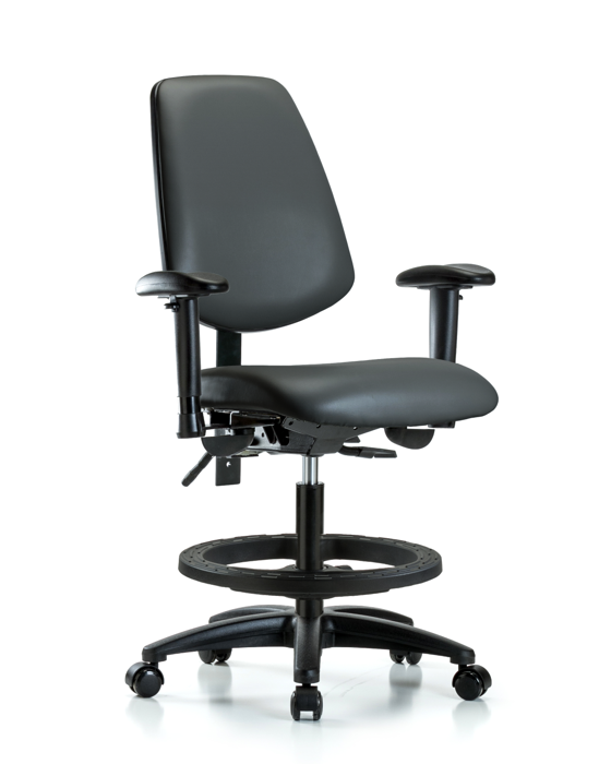 Blue Ridge Ergonomics VMBCH-MB-RG-T1-A1-BF-RC-8823 Rutledge Vinyl Chair - Medium Bench Height with Medium Back, Seat Tilt, Adjustable Arms, Black Foot Ring, & Casters in Carbon Supernova™ Vinyl