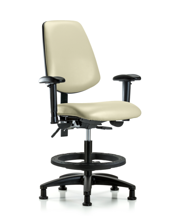 Blue Ridge Ergonomics VMBCH-MB-RG-T1-A1-BF-RG-8501 Rutledge Vinyl Chair - Medium Bench Height with Medium Back, Seat Tilt, Adjustable Arms, Black Foot Ring, & Stationary Glides in Adobe White Trailblazer™ Vinyl