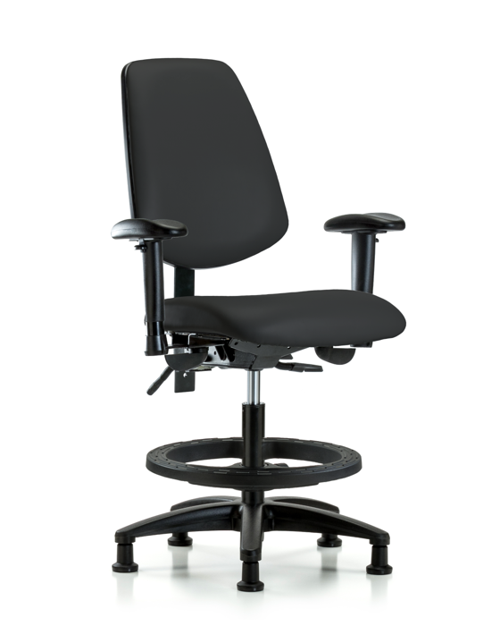Blue Ridge Ergonomics VMBCH-MB-RG-T1-A1-BF-RG-8540 Rutledge Vinyl Chair - Medium Bench Height with Medium Back, Seat Tilt, Adjustable Arms, Black Foot Ring, & Stationary Glides in Black Trailblazer™ Vinyl