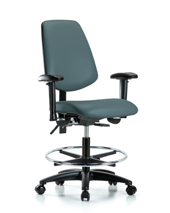 Blue Ridge Ergonomics VMBCH-MB-RG-T1-A1-CF-RC-8546 Rutledge Vinyl Chair - Medium Bench Height with Medium Back, Seat Tilt, Adjustable Arms, Chrome Foot Ring, & Casters in Colonial Blue Trailblazer™ Vinyl
