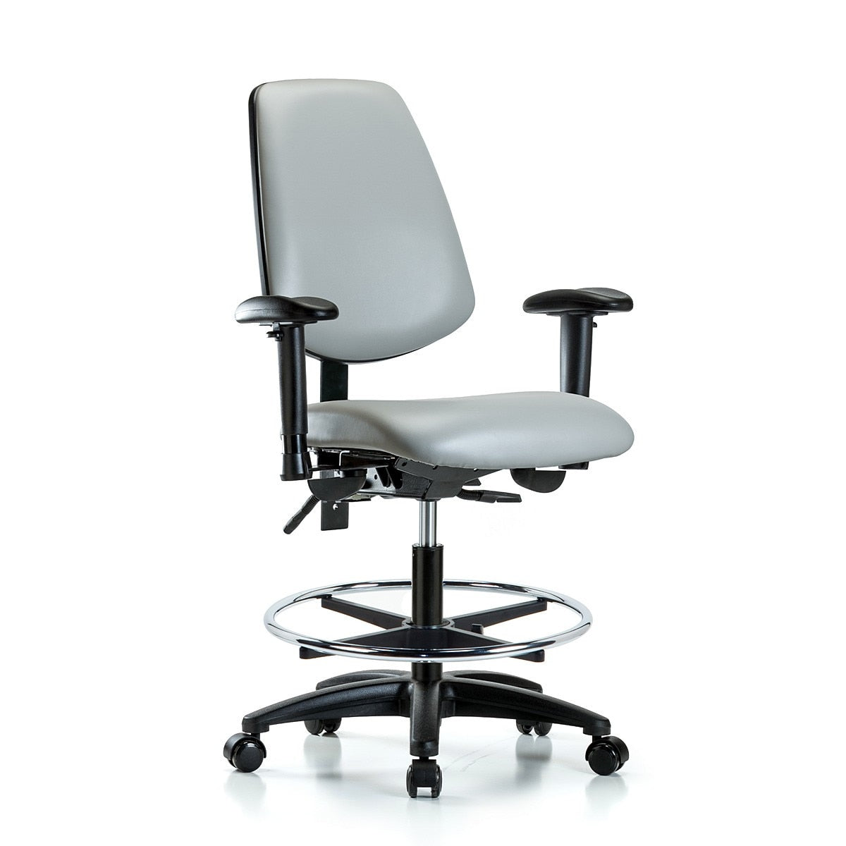 Blue Ridge Ergonomics VMBCH-MB-RG-T1-A1-CF-RC-8567 Rutledge Vinyl Chair - Medium Bench Height with Medium Back, Seat Tilt, Adjustable Arms, Chrome Foot Ring, & Casters in Dove Trailblazer™ Vinyl