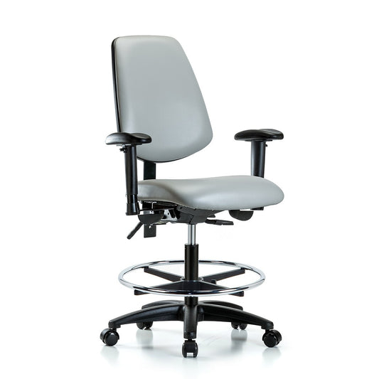 Blue Ridge Ergonomics VMBCH-MB-RG-T1-A1-CF-RC-8567 Rutledge Vinyl Chair - Medium Bench Height with Medium Back, Seat Tilt, Adjustable Arms, Chrome Foot Ring, & Casters in Dove Trailblazer™ Vinyl