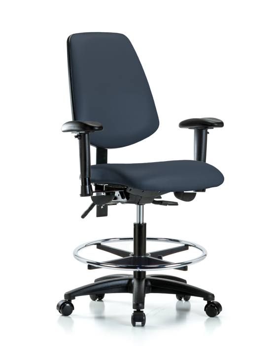 Blue Ridge Ergonomics VMBCH-MB-RG-T1-A1-CF-RC-8582 Rutledge Vinyl Chair - Medium Bench Height with Medium Back, Seat Tilt, Adjustable Arms, Chrome Foot Ring, & Casters in Imperial Blue Trailblazer™ Vinyl