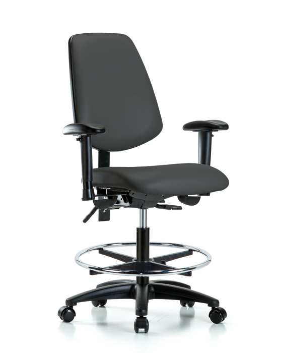 Blue Ridge Ergonomics VMBCH-MB-RG-T1-A1-CF-RC-8605 Rutledge Vinyl Chair - Medium Bench Height with Medium Back, Seat Tilt, Adjustable Arms, Chrome Foot Ring, & Casters in Charcoal Trailblazer™ Vinyl