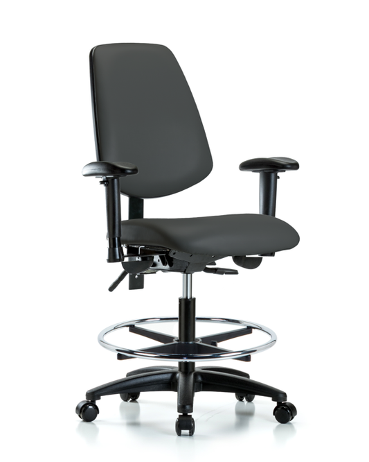 Blue Ridge Ergonomics VMBCH-MB-RG-T1-A1-CF-RC-8605 Rutledge Vinyl Chair - Medium Bench Height with Medium Back, Seat Tilt, Adjustable Arms, Chrome Foot Ring, & Casters in Charcoal Trailblazer™ Vinyl