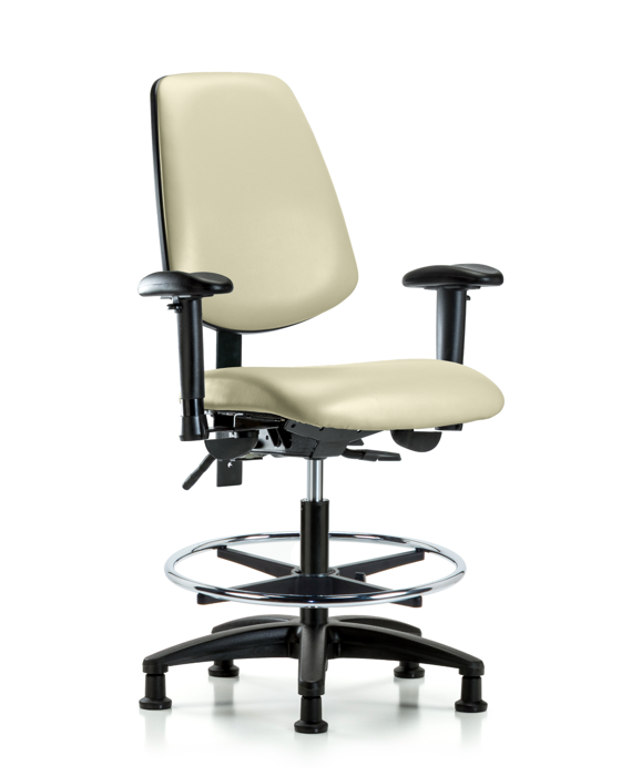 Blue Ridge Ergonomics VMBCH-MB-RG-T1-A1-CF-RG-8501 Rutledge Vinyl Chair - Medium Bench Height with Medium Back, Seat Tilt, Adjustable Arms, Chrome Foot Ring, & Stationary Glides in Adobe White Trailblazer™ Vinyl