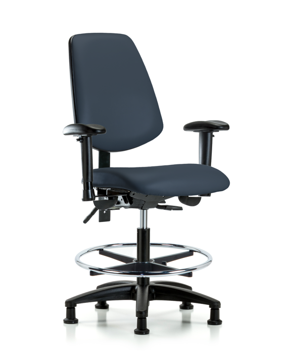 Blue Ridge Ergonomics VMBCH-MB-RG-T1-A1-CF-RG-8582 Rutledge Vinyl Chair - Medium Bench Height with Medium Back, Seat Tilt, Adjustable Arms, Chrome Foot Ring, & Stationary Glides in Imperial Blue Trailblazer™ Vinyl