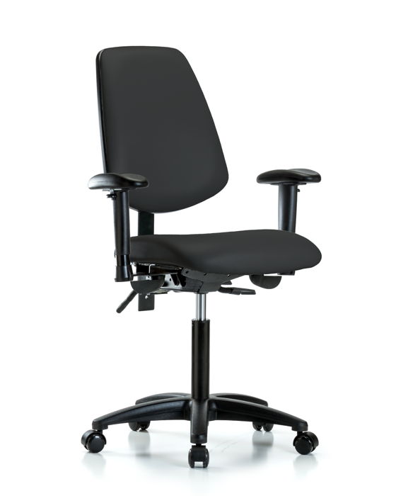 Blue Ridge Ergonomics VMBCH-MB-RG-T1-A1-NF-RC-8540 Rutledge Vinyl Chair - Medium Bench Height with Medium Back, Seat Tilt, Adjustable Arms, & Casters in Black Trailblazer™ Vinyl