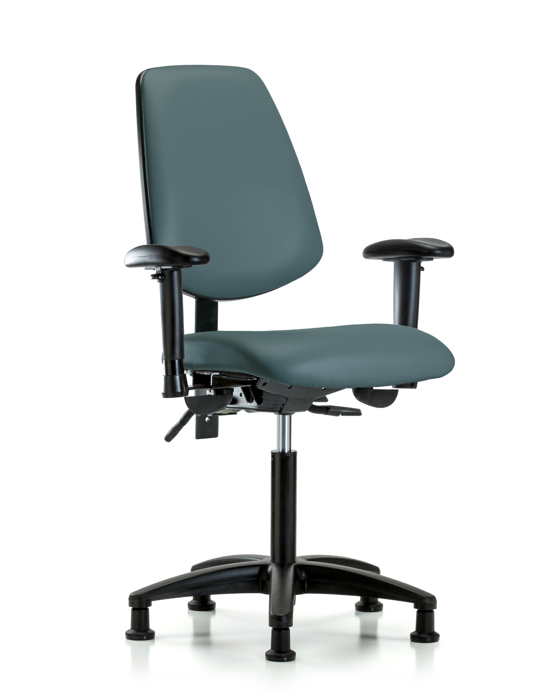 Blue Ridge Ergonomics VMBCH-MB-RG-T1-A1-NF-RG-8546 Rutledge Vinyl Chair - Medium Bench Height with Medium Back, Seat Tilt, Adjustable Arms, & Stationary Glides in Colonial Blue Trailblazer™ Vinyl