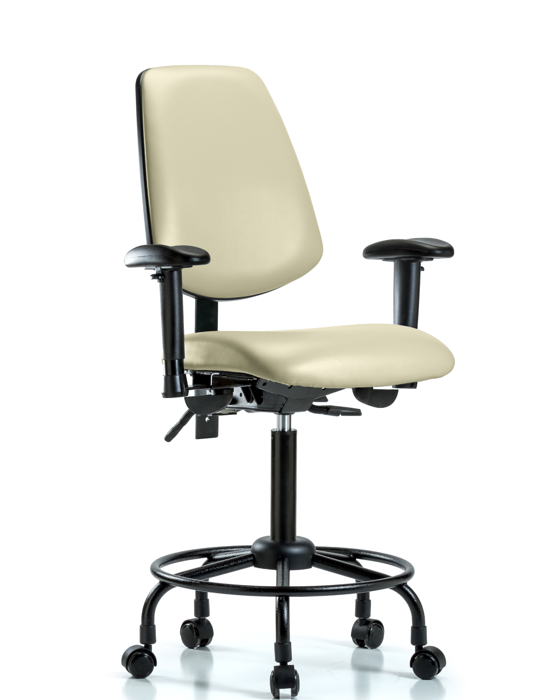 Blue Ridge Ergonomics VMBCH-MB-RT-T0-A1-RC-8501 Rutledge Vinyl Chair - Medium Bench Height with Round Tube Base, Medium Back, Adjustable Arms, & Casters in Adobe White Trailblazer™ Vinyl