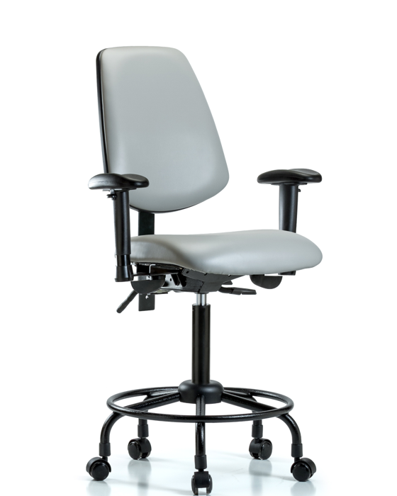 Blue Ridge Ergonomics VMBCH-MB-RT-T0-A1-RC-8567 Rutledge Vinyl Chair - Medium Bench Height with Round Tube Base, Medium Back, Adjustable Arms, & Casters in Dove Trailblazer™ Vinyl