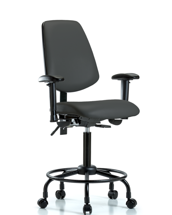 Blue Ridge Ergonomics VMBCH-MB-RT-T0-A1-RC-8605 Rutledge Vinyl Chair - Medium Bench Height with Round Tube Base, Medium Back, Adjustable Arms, & Casters in Charcoal Trailblazer™ Vinyl