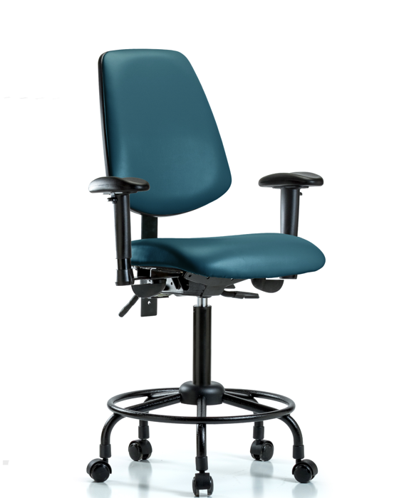 Blue Ridge Ergonomics VMBCH-MB-RT-T0-A1-RC-8801 Rutledge Vinyl Chair - Medium Bench Height with Round Tube Base, Medium Back, Adjustable Arms, & Casters in Marine Blue Supernova™ Vinyl