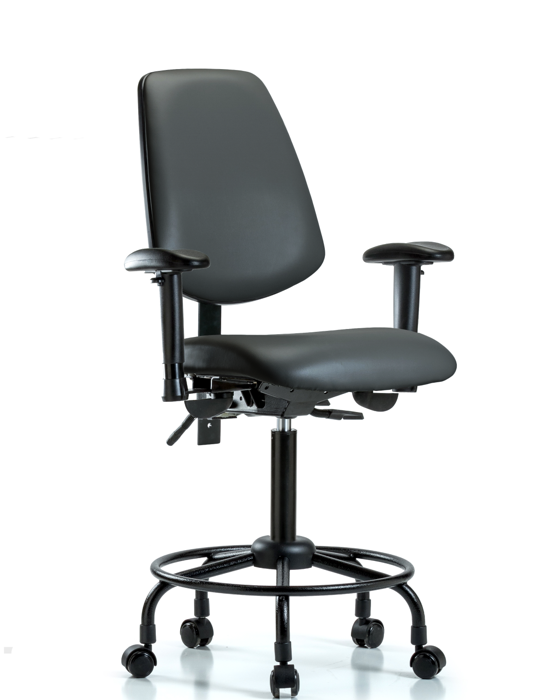 Blue Ridge Ergonomics VMBCH-MB-RT-T0-A1-RC-8823 Rutledge Vinyl Chair - Medium Bench Height with Round Tube Base, Medium Back, Adjustable Arms, & Casters in Carbon Supernova™ Vinyl