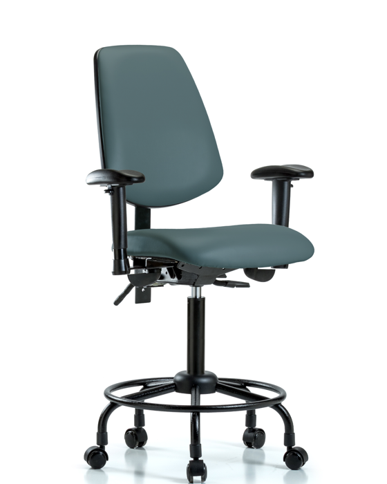 Blue Ridge Ergonomics VMBCH-MB-RT-T1-A1-RC-8546 Rutledge Vinyl Chair - Medium Bench Height with Round Tube Base, Medium Back, Seat Tilt, Adjustable Arms, & Casters in Colonial Blue Trailblazer™ Vinyl