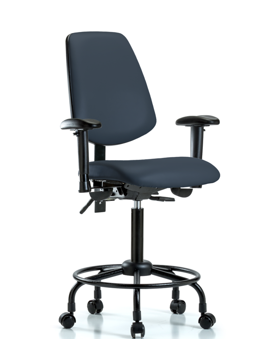 Blue Ridge Ergonomics VMBCH-MB-RT-T1-A1-RC-8582 Rutledge Vinyl Chair - Medium Bench Height with Round Tube Base, Medium Back, Seat Tilt, Adjustable Arms, & Casters in Imperial Blue Trailblazer™ Vinyl