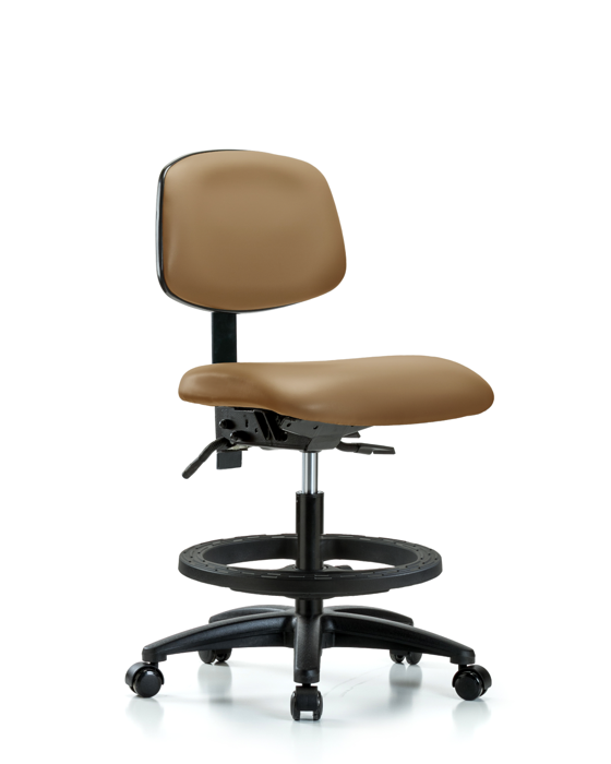 Blue Ridge Ergonomics VMBCH-RG-T0-A0-BF-RC-8584 Rutledge Vinyl Chair - Medium Bench Height with Black Foot Ring & Casters in Taupe Trailblazer™ Vinyl