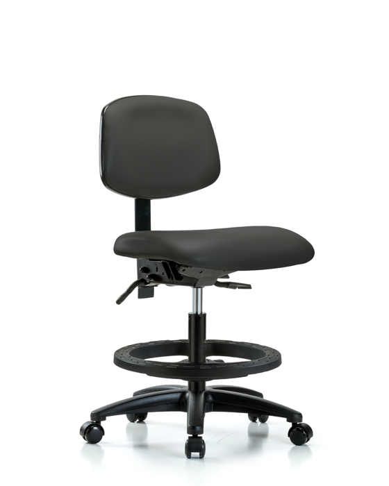 Blue Ridge Ergonomics VMBCH-RG-T0-A0-BF-RC-8605 Rutledge Vinyl Chair - Medium Bench Height with Black Foot Ring & Casters in Charcoal Trailblazer™ Vinyl