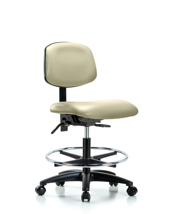 Blue Ridge Ergonomics VMBCH-RG-T0-A0-CF-RC-8501 Rutledge Vinyl Chair - Medium Bench Height with Chrome Foot Ring & Casters in Adobe White Trailblazer™ Vinyl