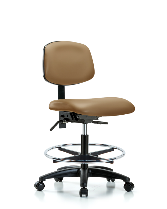 Blue Ridge Ergonomics VMBCH-RG-T0-A0-CF-RC-8584 Rutledge Vinyl Chair - Medium Bench Height with Chrome Foot Ring & Casters in Taupe Trailblazer™ Vinyl